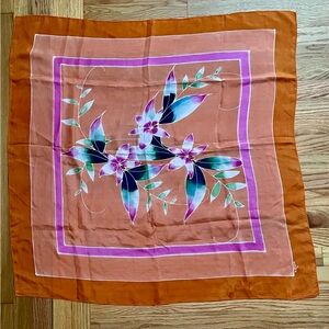 Floral 100% Silk Scarf with Orange and Purple Accents 35” x 35”